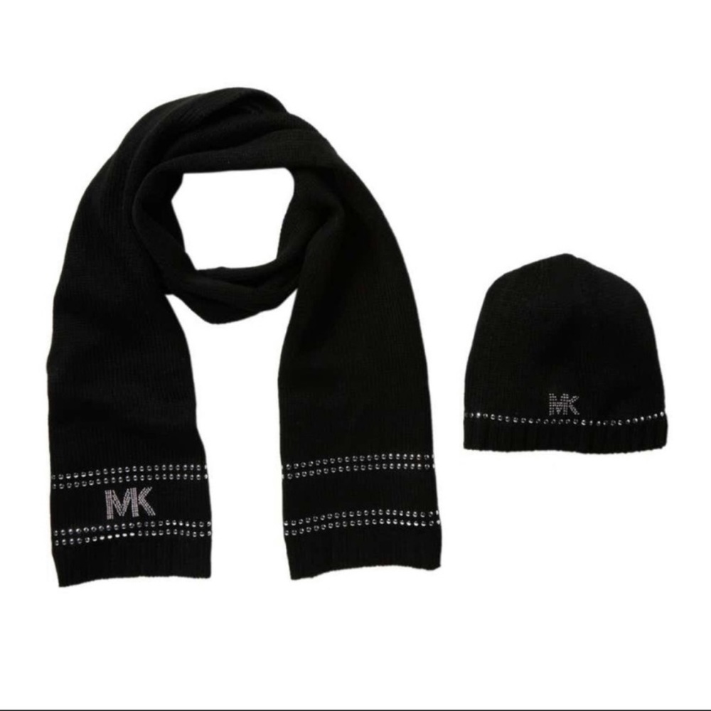 MICHAEL KORS Black Studded Stripe with Logo Detail Hat & Scarf Set NWT